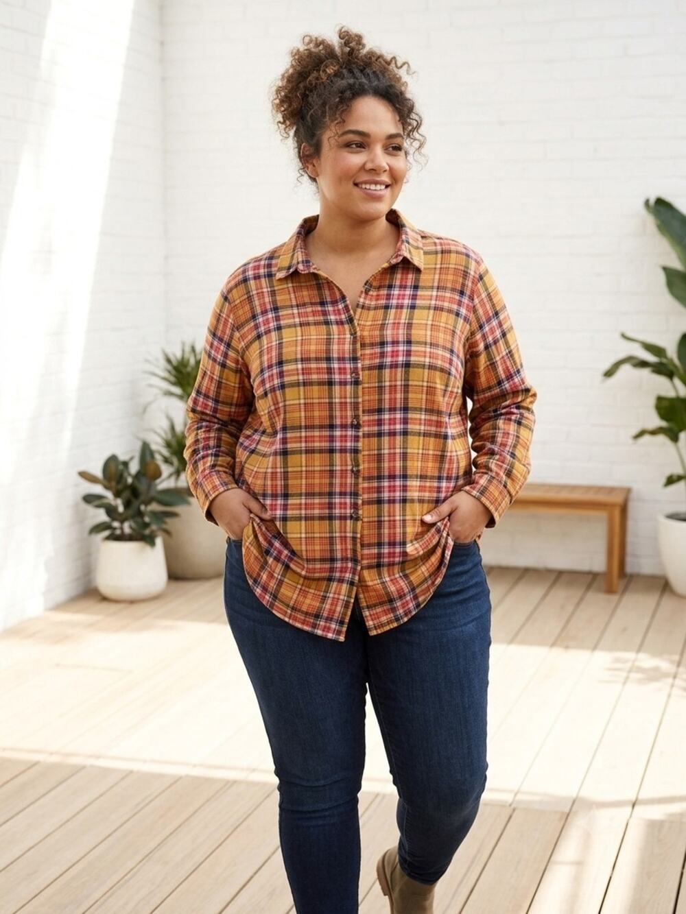 Bobbie Brooks Golden Yellow Plaid Flannel Button-Down Shirt.   Size 3X.  WS 207